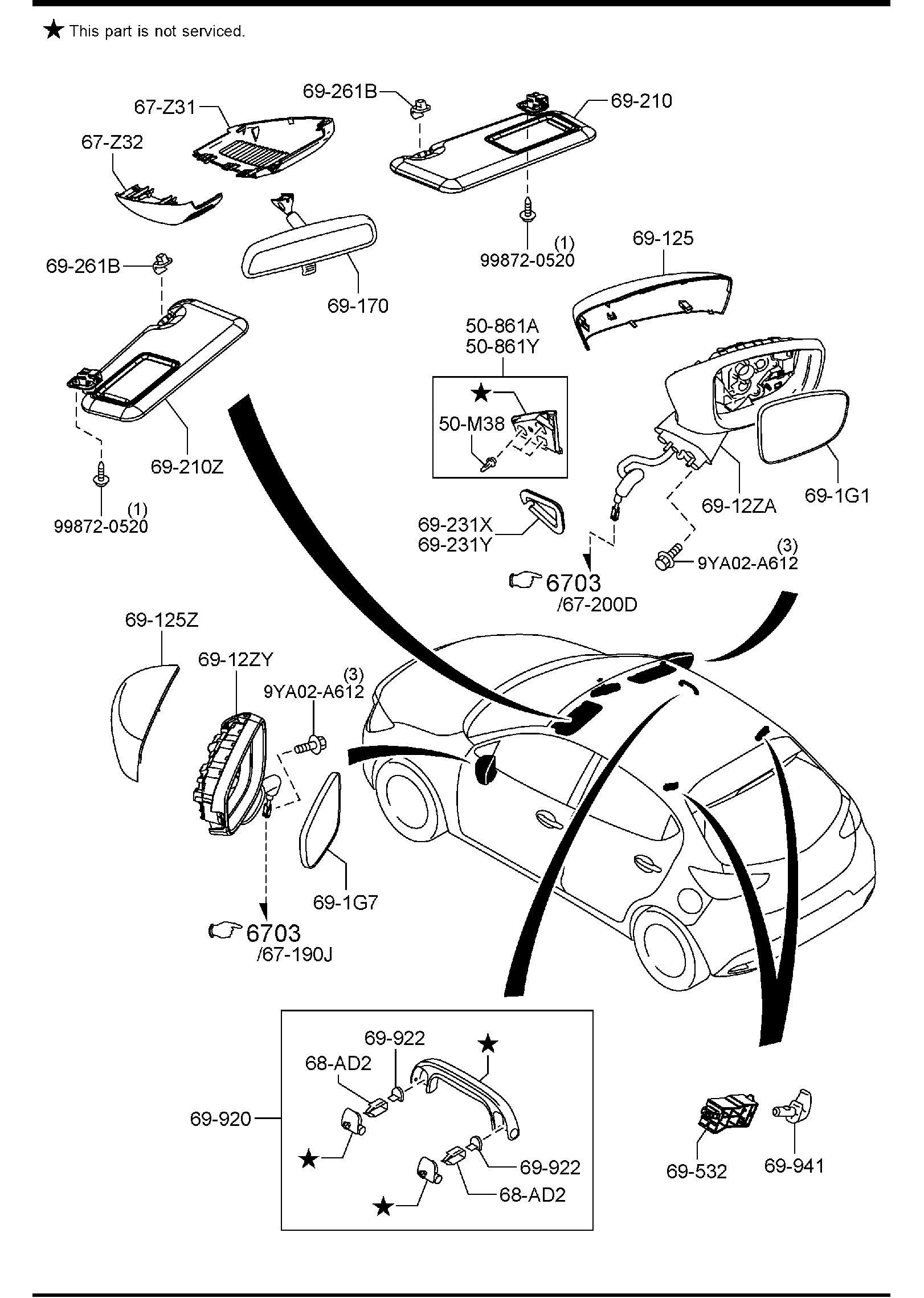 Diagram SUN VISORS, ASSIST HANDLE & MIRRORS for your Mazda