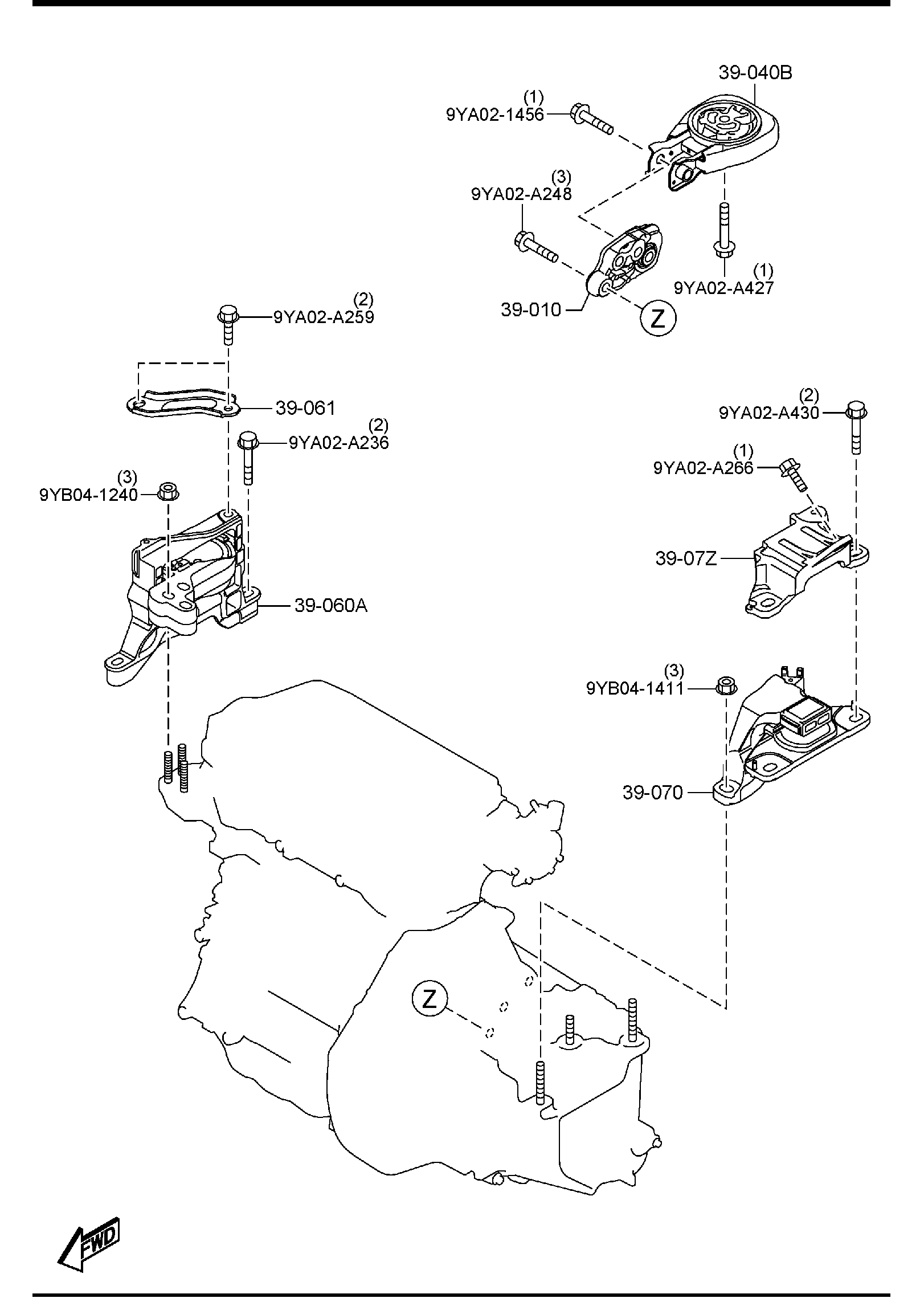 Diagram ENGINE & TRANSMISSION MOUNTINGS (MANUAL TRANSMISSION) for your 2005 Mazda MX-5 Miata   