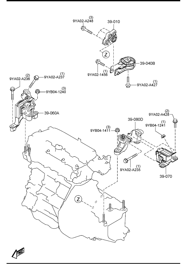 Diagram ENGINE & TRANSMISSION MOUNTINGS (MANUAL TRANSMISSION) for your 2014 Mazda MX-5 Miata   