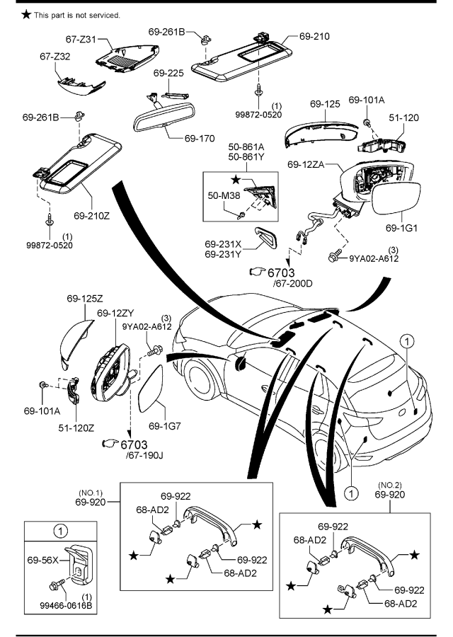 Diagram SUN VISORS, ASSIST HANDLE & MIRRORS for your 2020 Mazda CX-9   