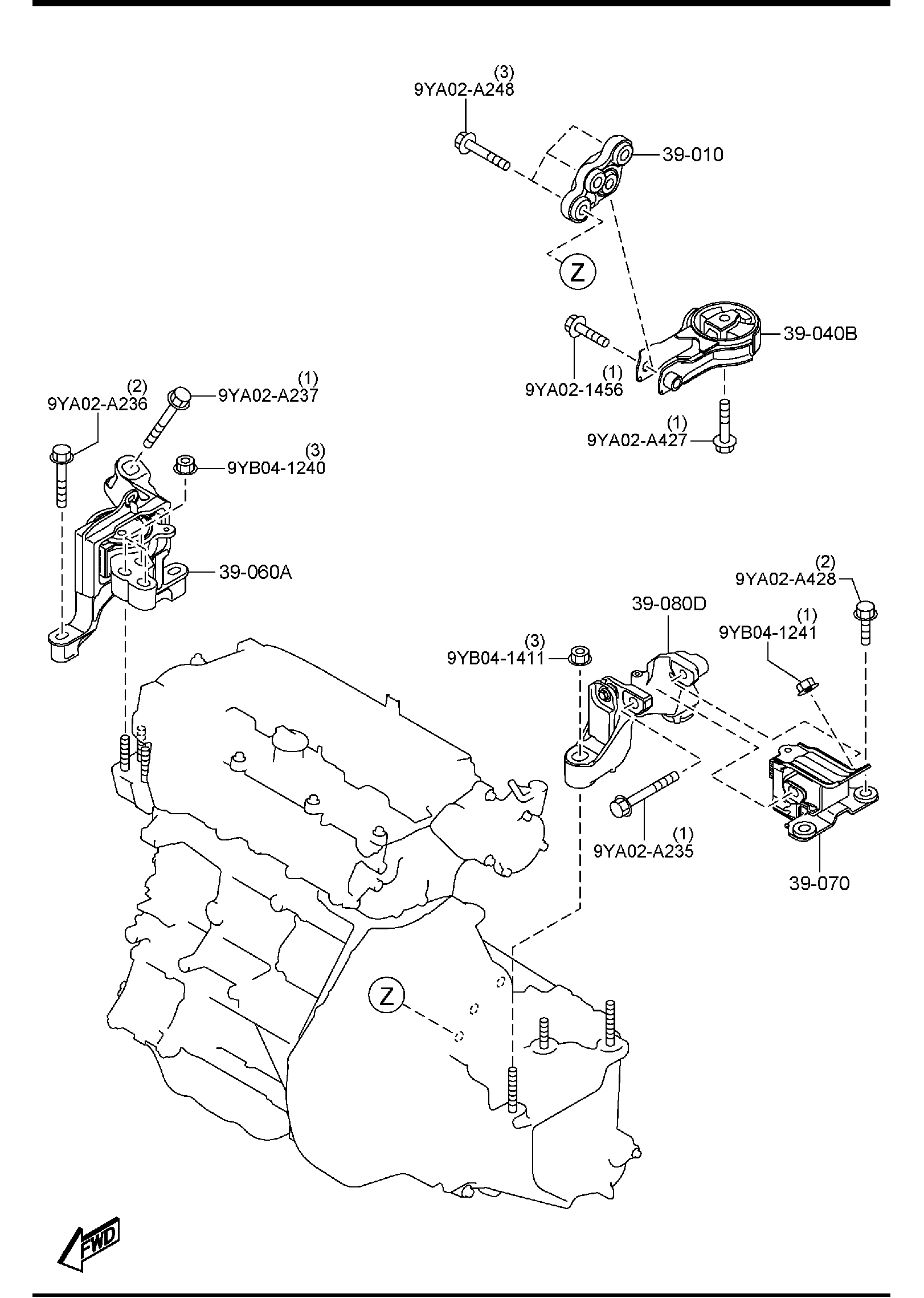 Diagram ENGINE & TRANSMISSION MOUNTINGS (MANUAL TRANSMISSION) for your 2014 Mazda MX-5 Miata   