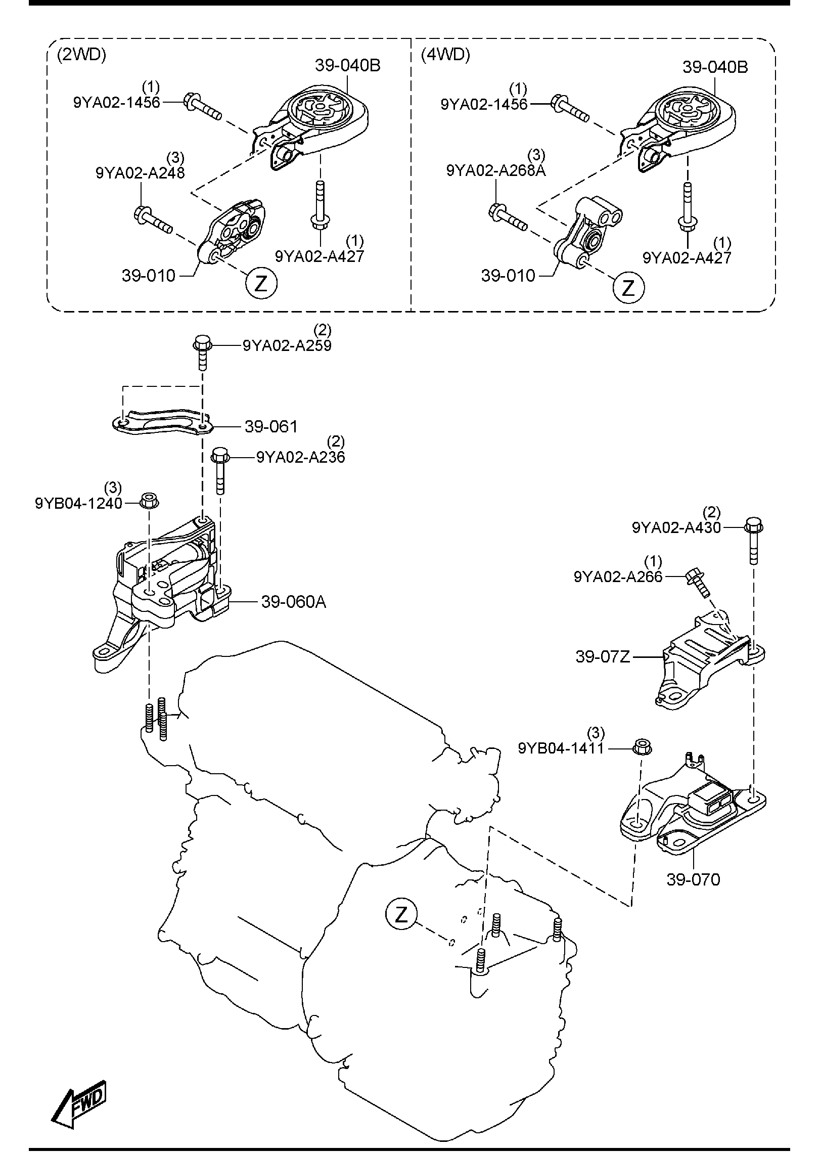 Diagram ENGINE & TRANSMISSION MOUNTINGS (AUTOMATIC TRANSMISSION) for your 1995 Mazda Protege  SEDAN ES 