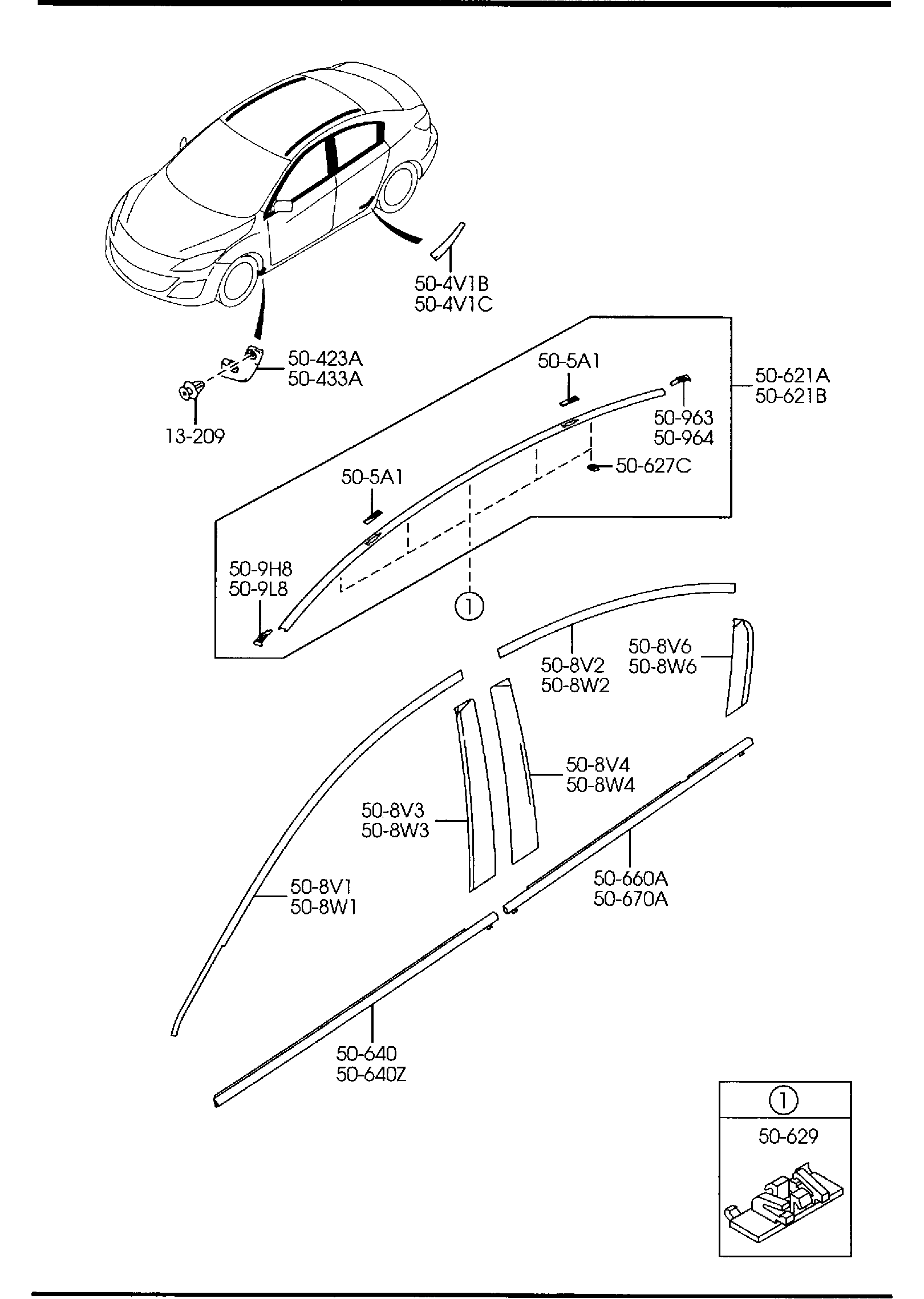 Diagram BODY MOULDINGS (4-DOOR) for your 2009 Mazda Mazda3  SEDAN I 