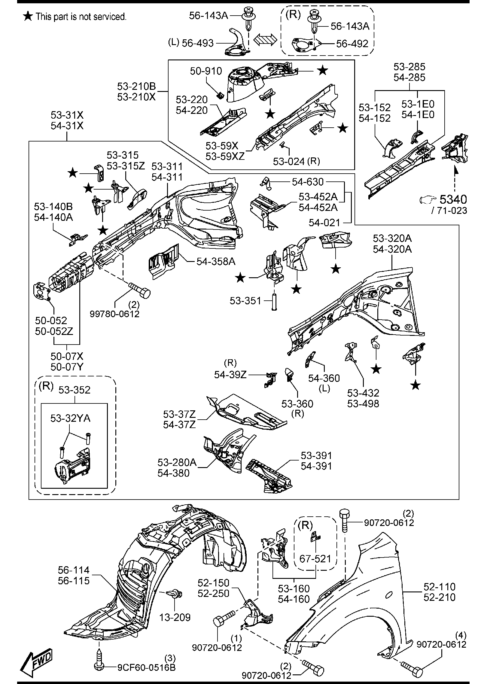 Diagram FENDER & WHEEL APRON PANELS for your Mazda