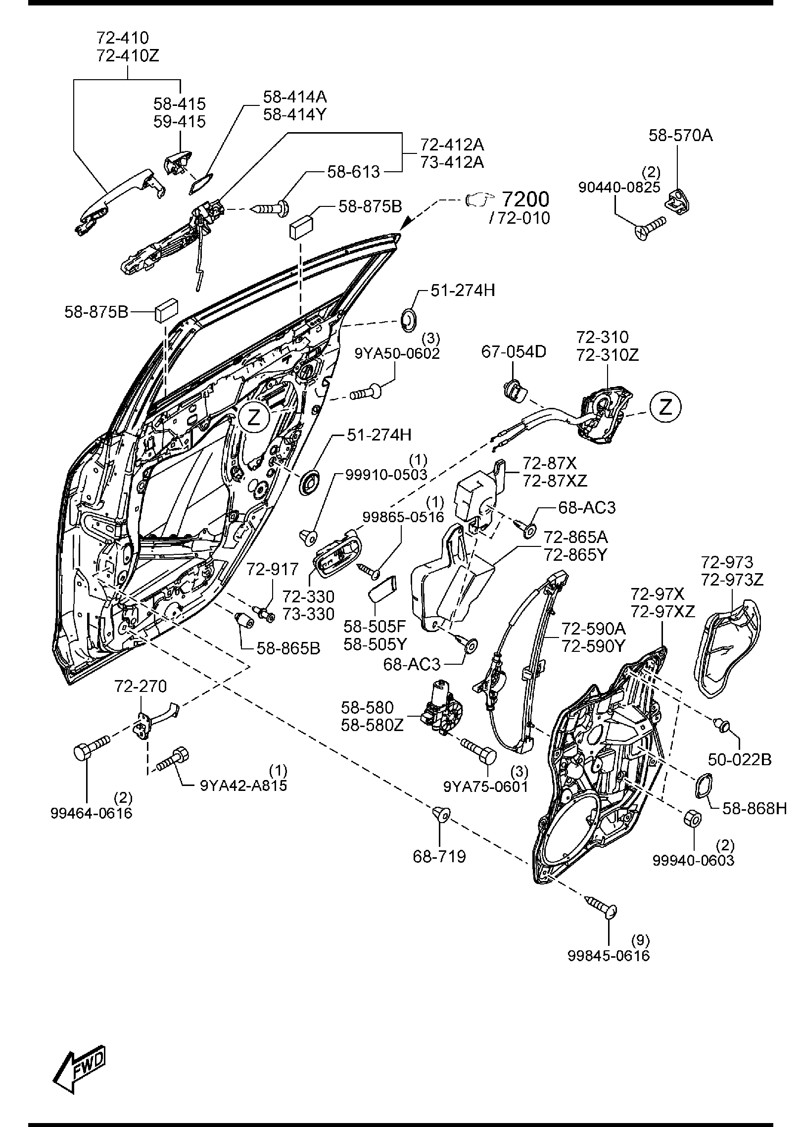 Diagram REAR DOOR MECHANISMS (4-DOOR) for your 2025 Mazda CX-50 HYBRID   