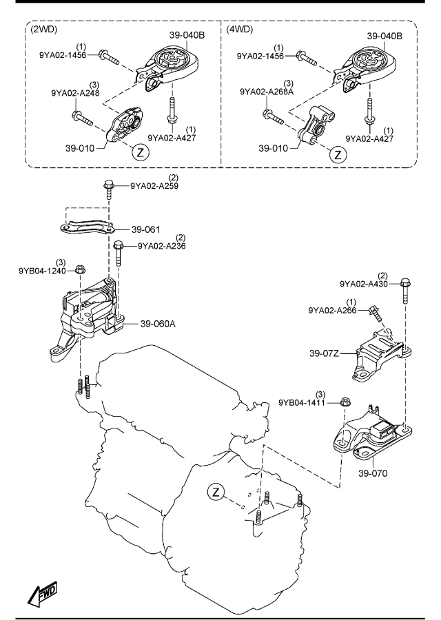 Diagram ENGINE & TRANSMISSION MOUNTINGS (AUTOMATIC TRANSMISSION) for your 2009 Mazda MX-5 Miata   