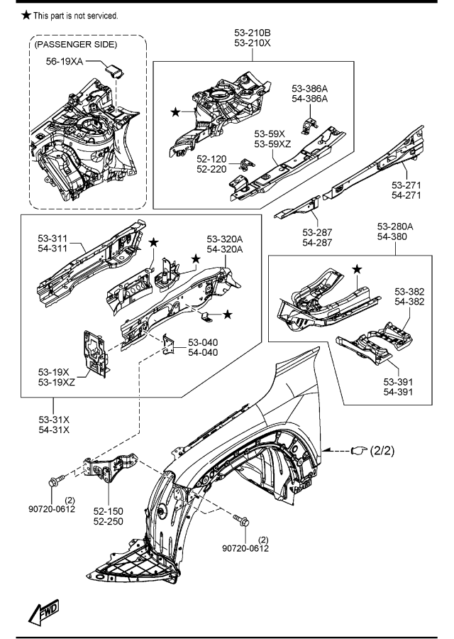 Diagram FENDER & WHEEL APRON PANELS for your 2019 Mazda Mazda3   