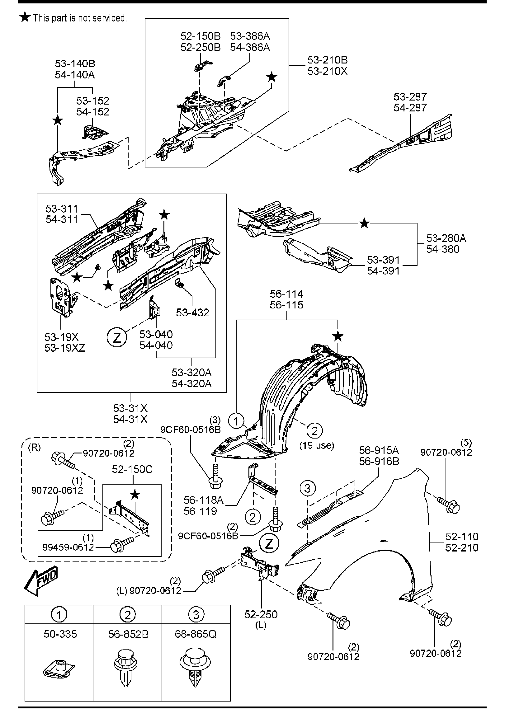 Diagram FENDER & WHEEL APRON PANELS for your Mazda