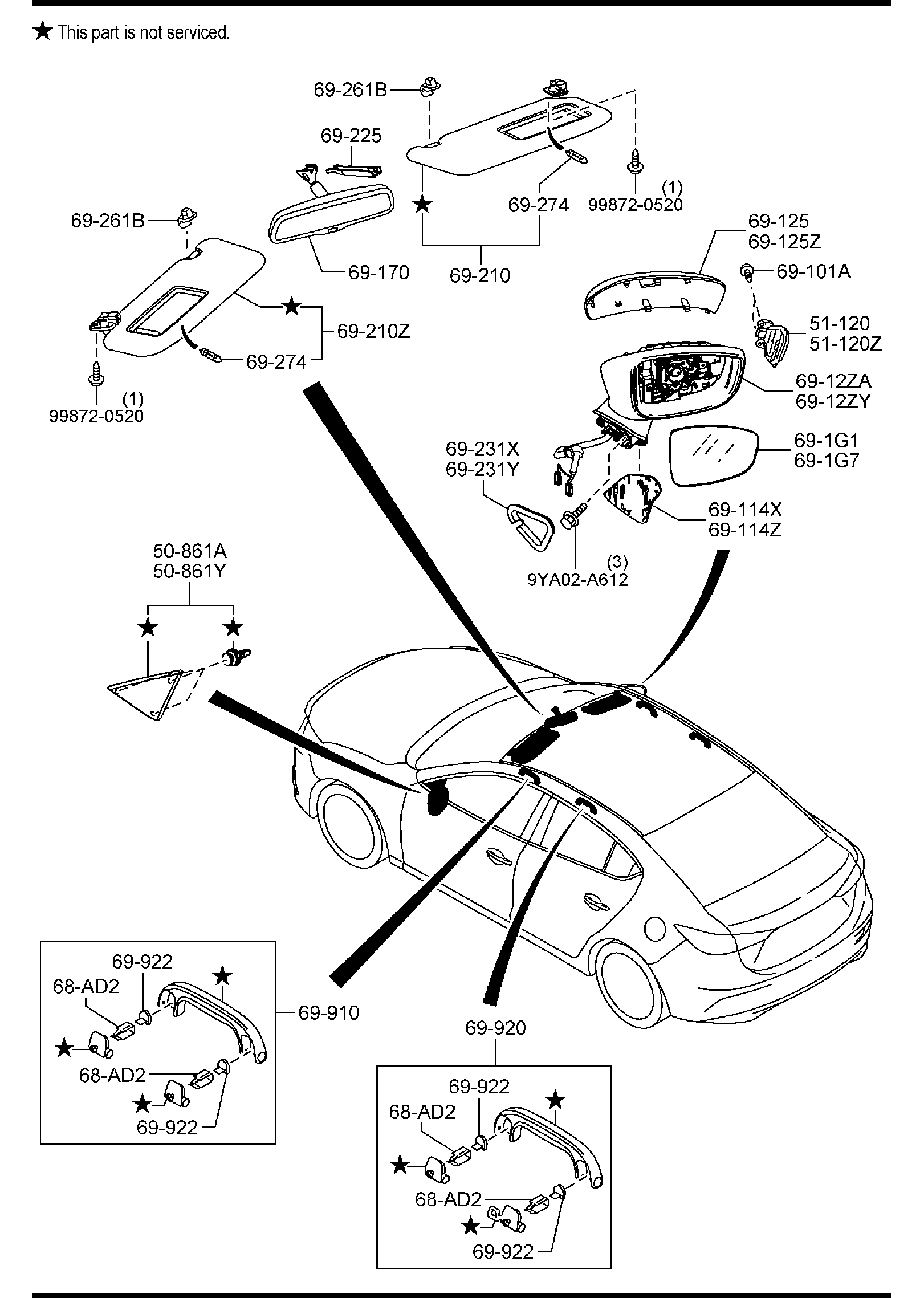 Diagram VISORS,ASSIST HANDLES & MIRRORS (4-DOOR) for your 2007 Mazda MX-5 Miata   