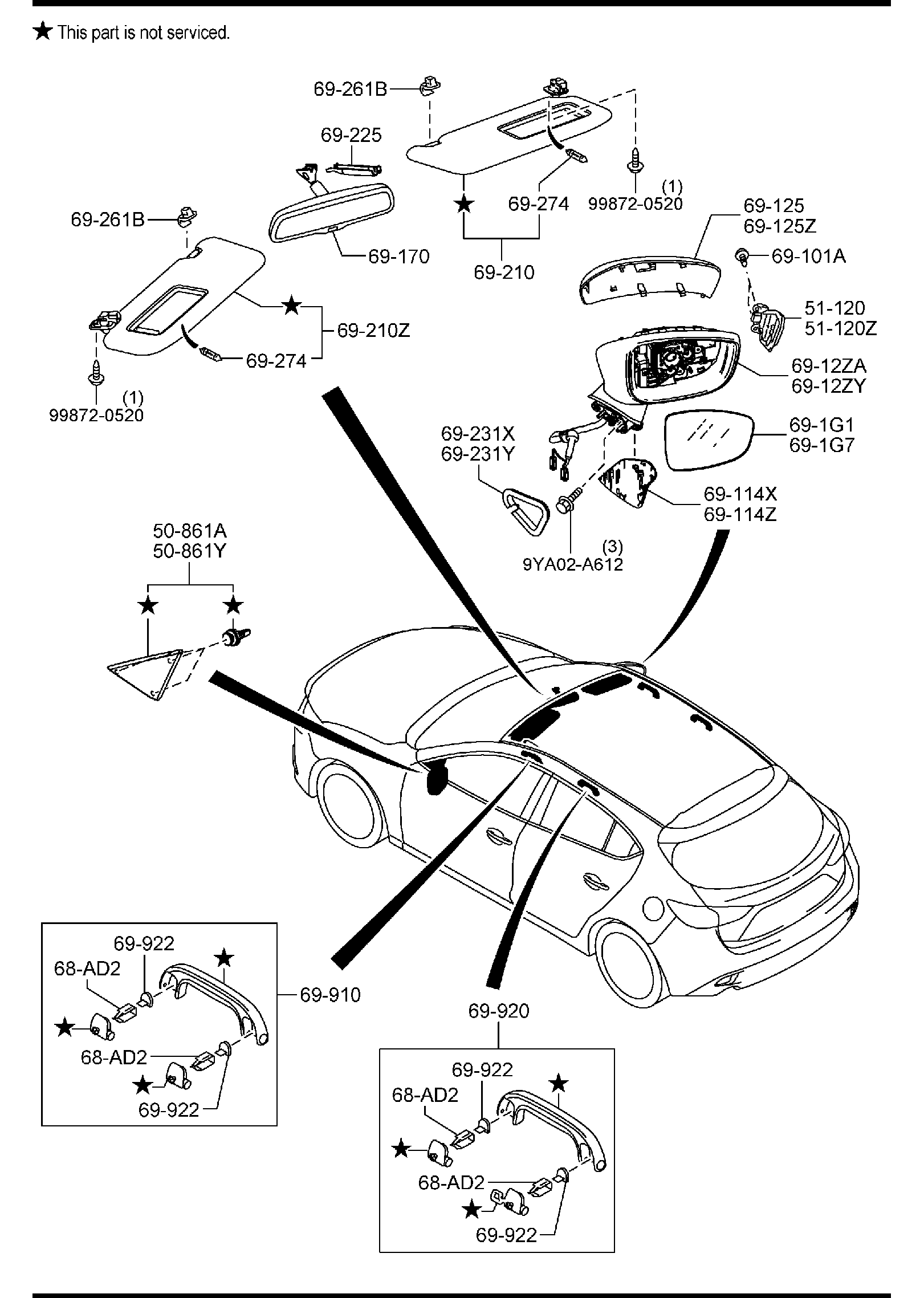 Diagram VISORS,ASSIST HANDLES & MIRRORS (5-DOOR) for your 2011 Mazda MX-5 Miata 2.0L MT Grand Touring 