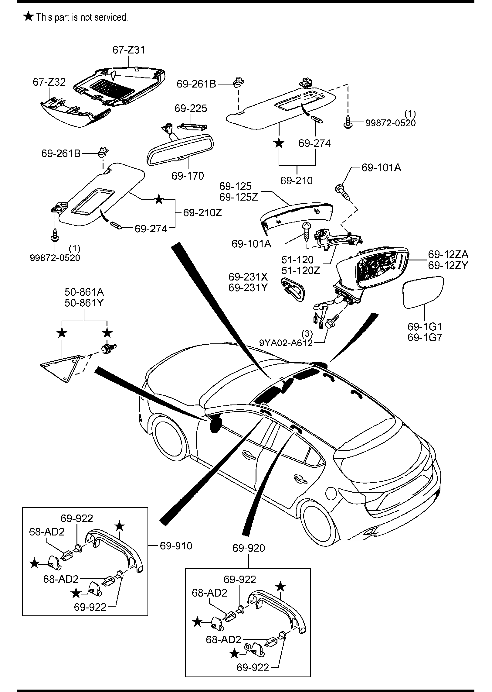 Diagram VISORS,ASSIST HANDLES & MIRRORS (5-DOOR) for your Mazda