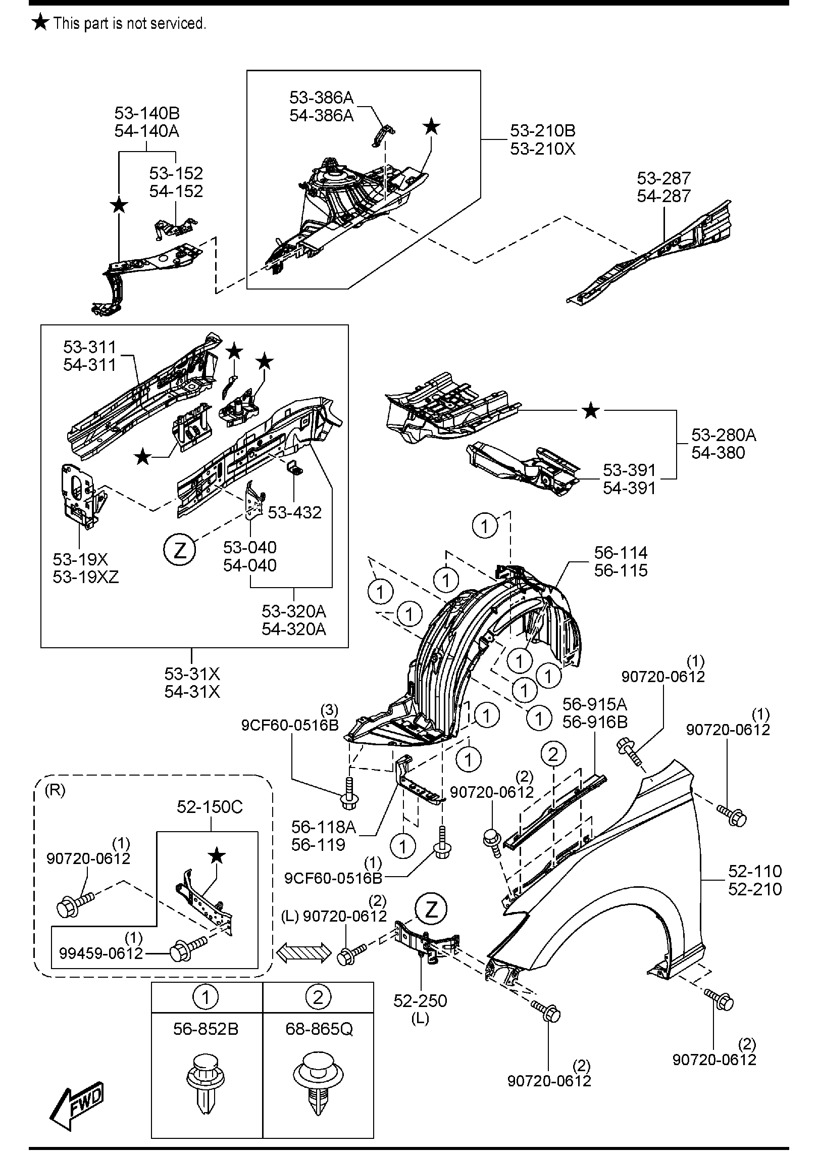 Diagram FENDER & WHEEL APRON PANELS for your Mazda