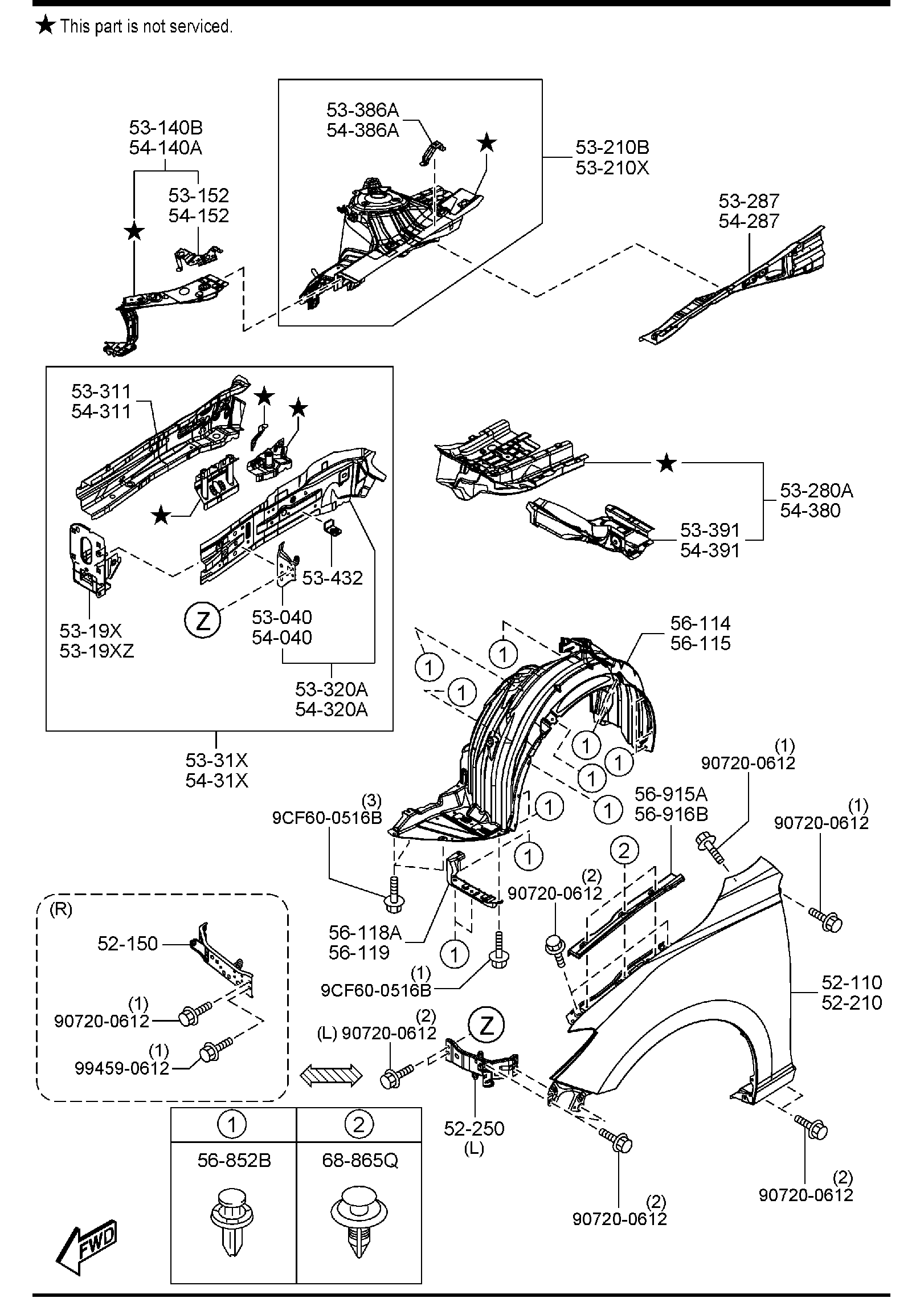 Diagram FENDER & WHEEL APRON PANELS for your Mazda