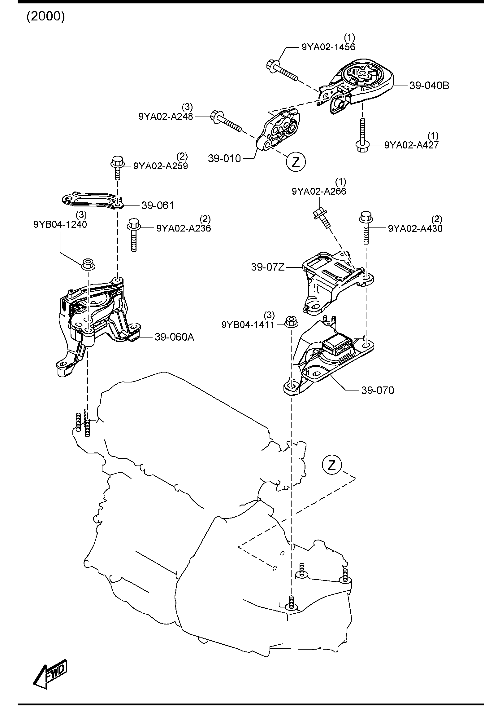 Diagram ENGINE & TRANSMISSION MOUNTINGS (MANUAL TRANSMISSION) for your 2005 Mazda MX-5 Miata   