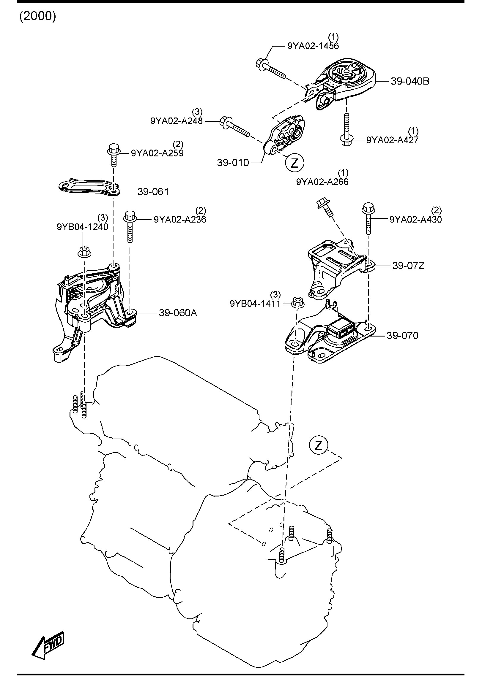 Diagram ENGINE & TRANSMISSION MOUNTINGS (AUTOMATIC TRANSMISSION) for your 2014 Mazda MX-5 Miata 2.0L MT W/RETRACTABLE HARD TOP P CLUB 