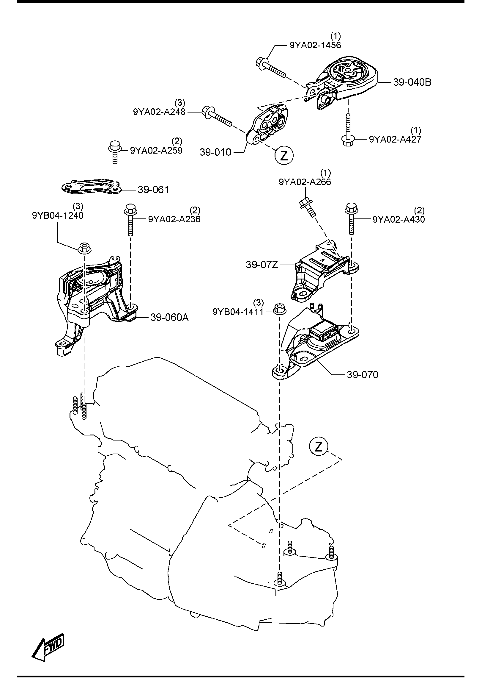 Diagram ENGINE & TRANSMISSION MOUNTINGS (MANUAL TRANSMISSION) (2500CC) for your 2005 Mazda MX-5 Miata   