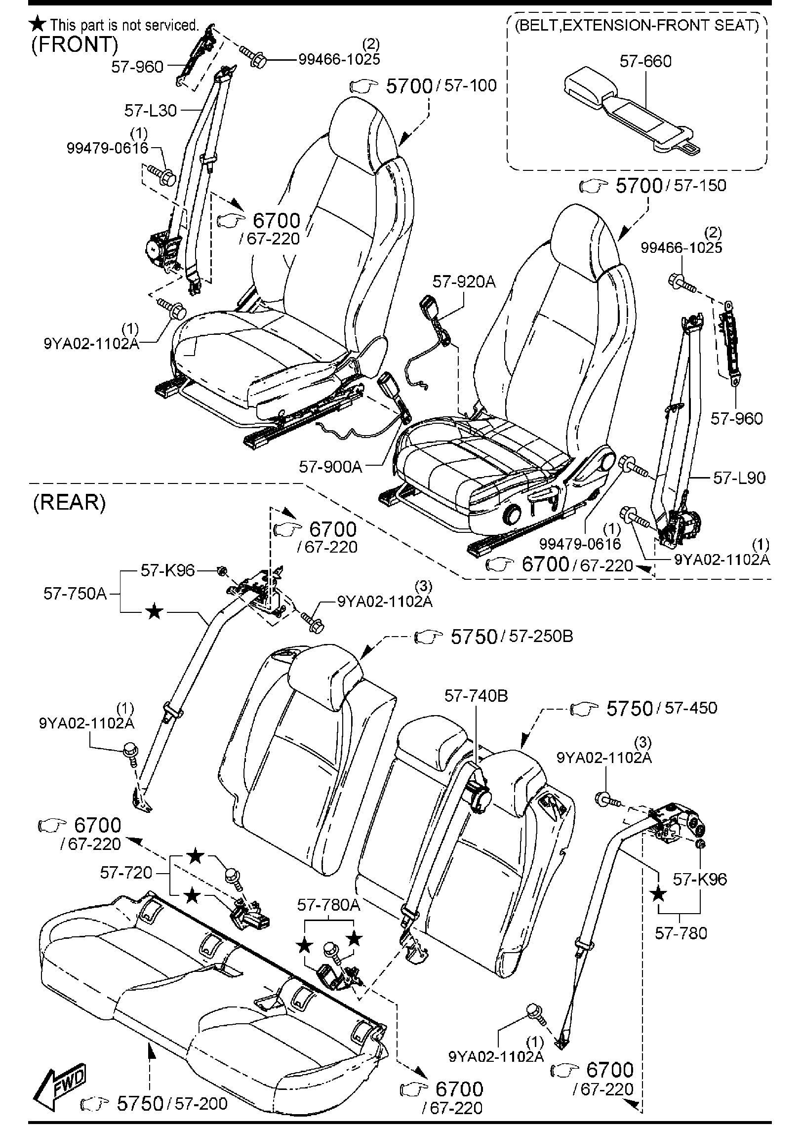 Diagram SEAT BELTS (5-DOOR) for your 2013 Mazda Mazda2   