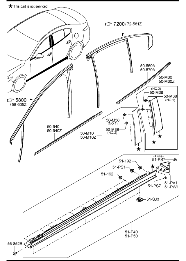 Diagram BODY MOULDINGS (4-DOOR)(BPB** 650001-700000) for your 2018 Mazda CX-5   