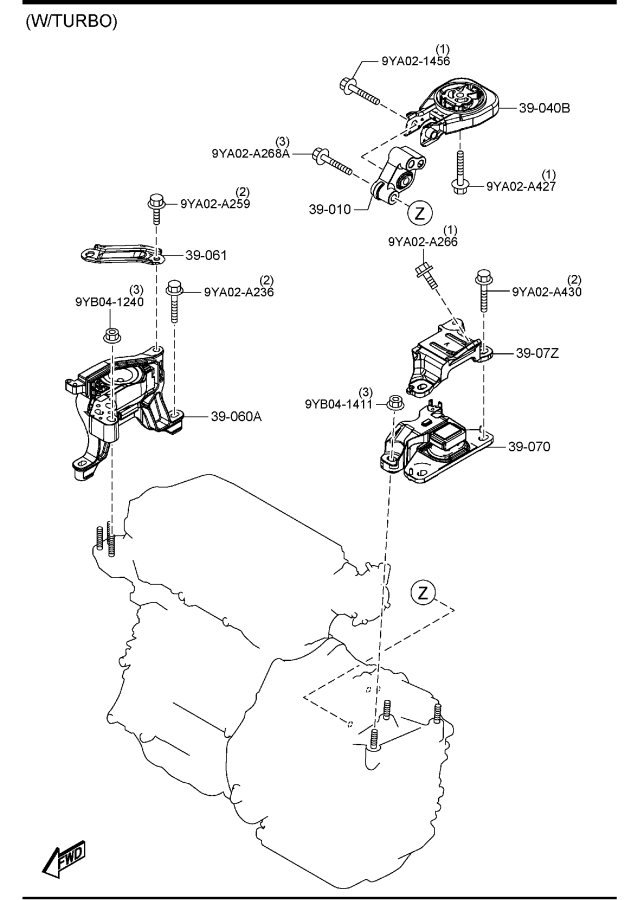 Diagram ENGINE & TRANSMISSION MOUNTINGS (AUTOMATIC TRANSMISSION) (2500CC)(4WD) for your 2005 Mazda MX-5 Miata   