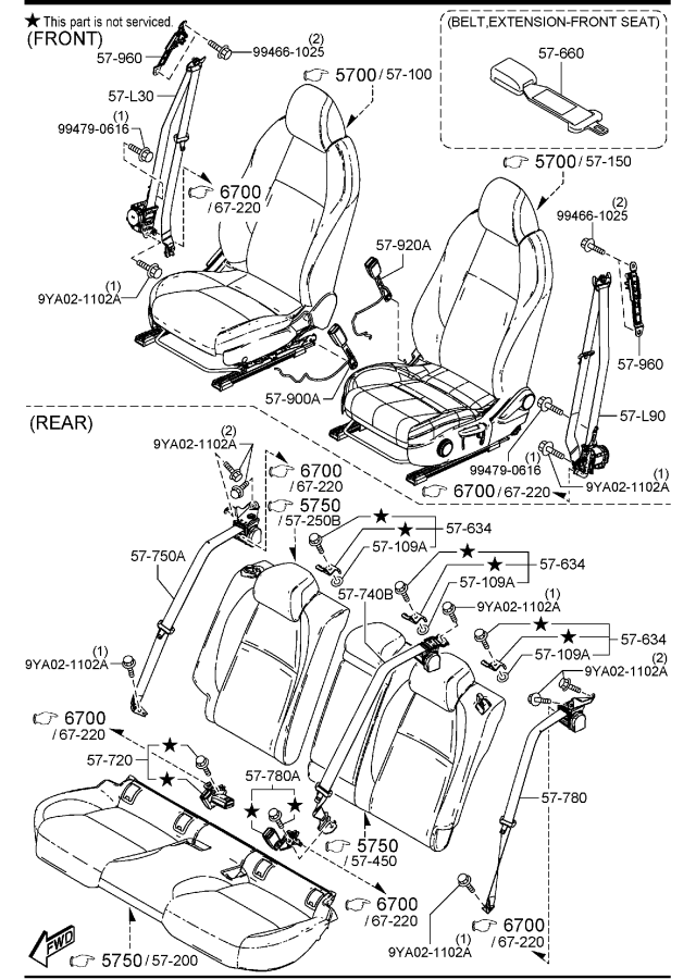 Diagram SEAT BELTS (4-DOOR) for your 2013 Mazda Mazda2   