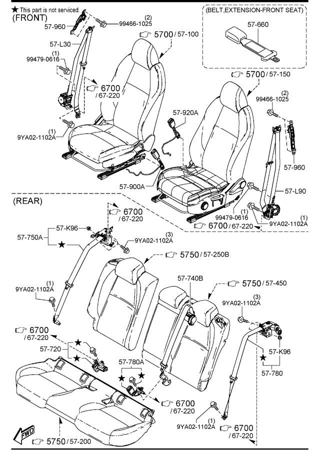 Diagram SEAT BELTS (5-DOOR) for your 2013 Mazda Mazda2   