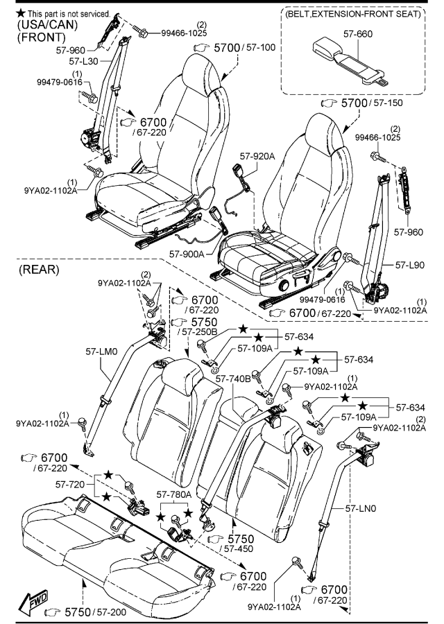 Diagram SEAT BELTS (4-DOOR) for your 2011 Mazda Mazda3   