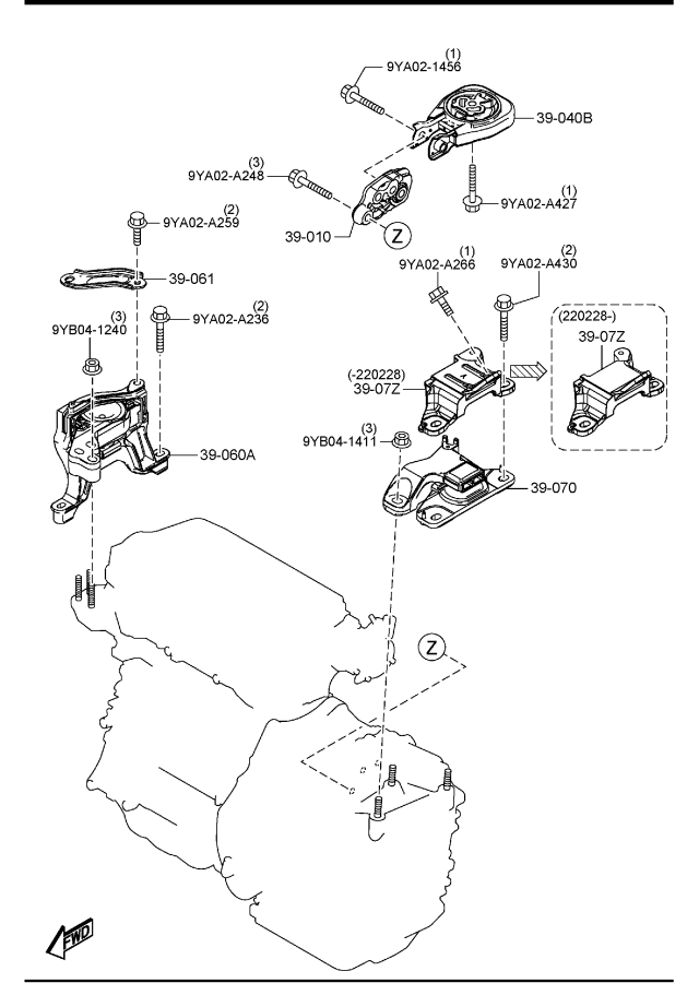 Diagram ENGINE & TRANSMISSION MOUNTINGS (AUTOMATIC TRANSMISSION) (SKYACTIV-G 2.5)(2WD) for your Mazda Mazda3  