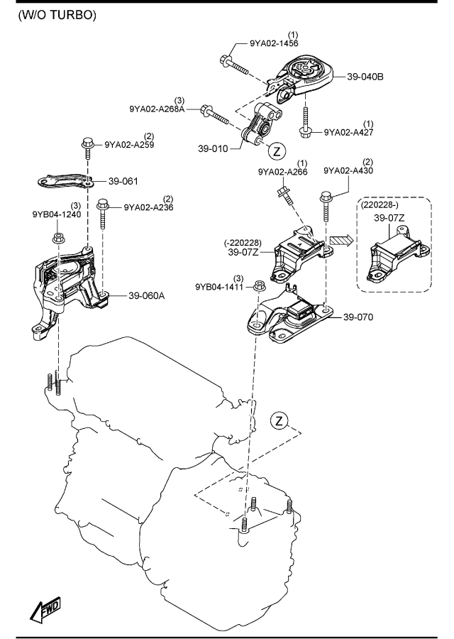 Diagram ENGINE & TRANSMISSION MOUNTINGS (AUTOMATIC TRANSMISSION) (SKYACTIV-G 2.5)(4WD) for your 2005 Mazda MX-5 Miata   