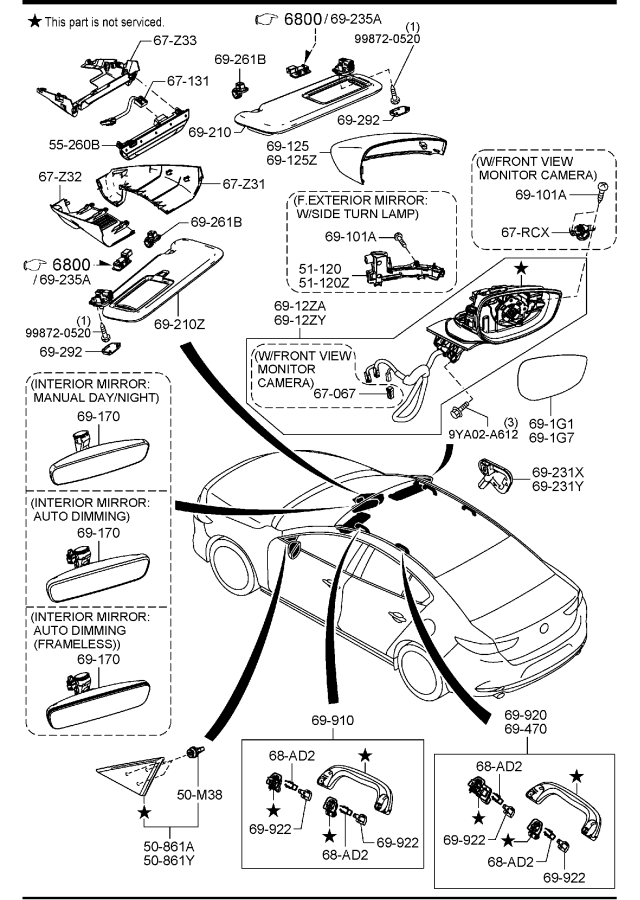 Diagram VISORS,ASSIST HANDLES & MIRRORS (4-DOOR) for your 2006 Mazda Mazda3   