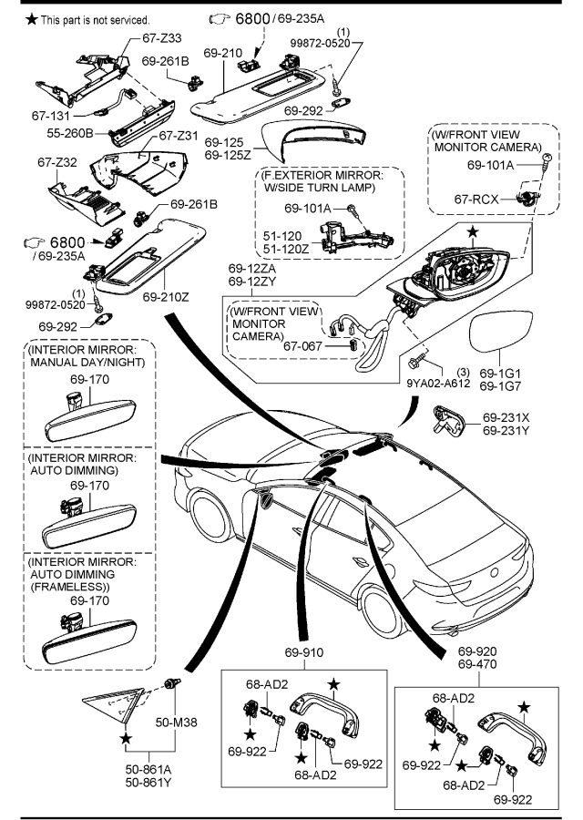 Diagram VISORS,ASSIST HANDLES & MIRRORS for your 2006 Mazda Mazda3   