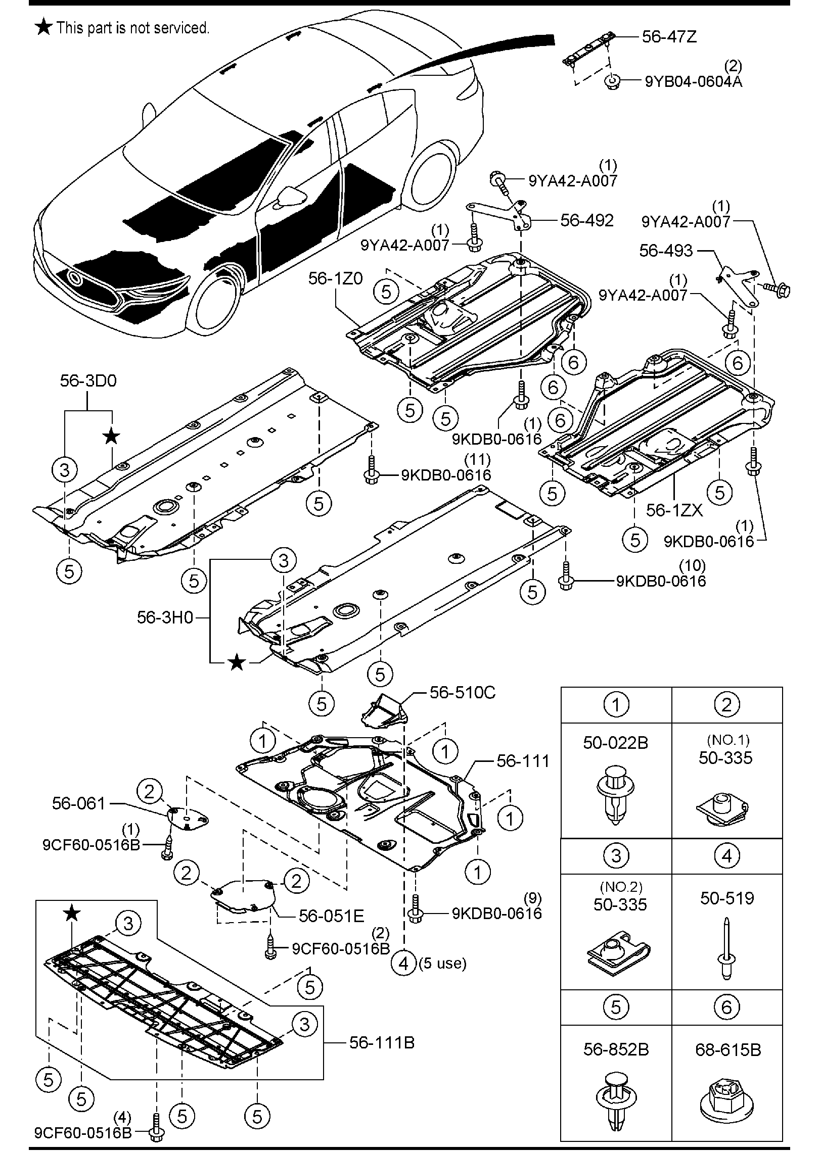 Diagram FLOOR ATTACHMENTS (4-DOOR)(4WD) for your 2019 Mazda Mazda3  HATCHBACK PREMIUM 