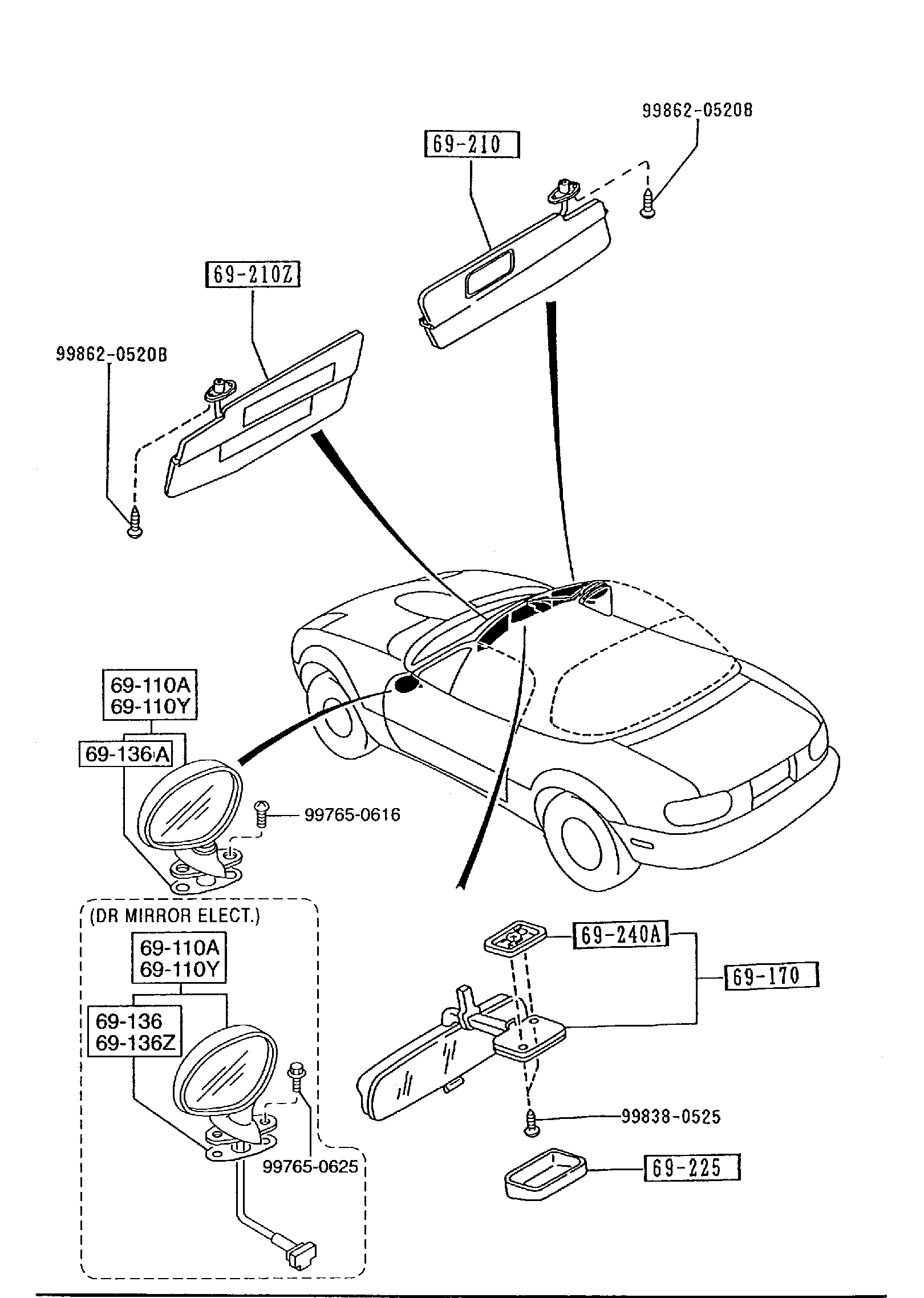 Diagram SUN VISORS, ASSIST HANDLES & MIRRORS for your 2005 Mazda Mazda6  HATCHBACK BASE 