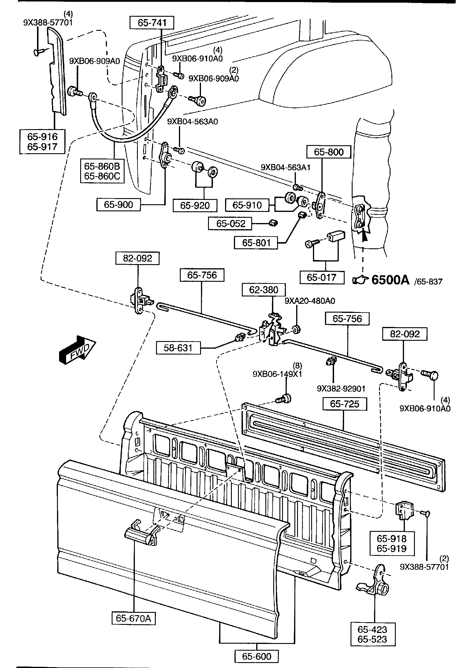 Diagram TAILGATE,HINGE & LATCH PARTS for your Mazda B2300  