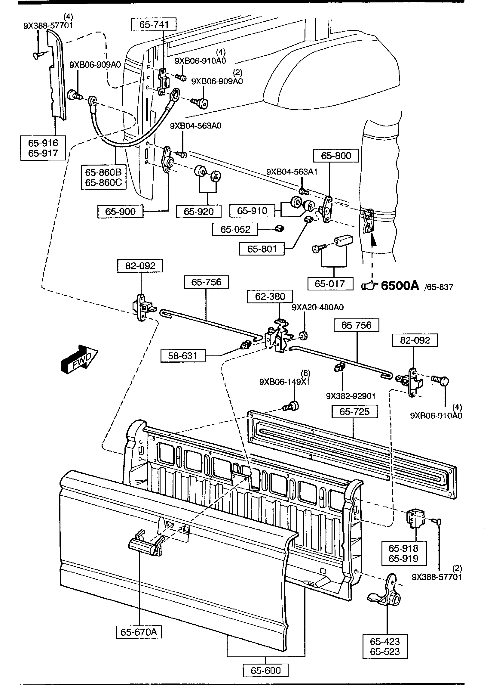 Diagram TAILGATE,HINGE & LATCH PARTS for your Mazda B2300  