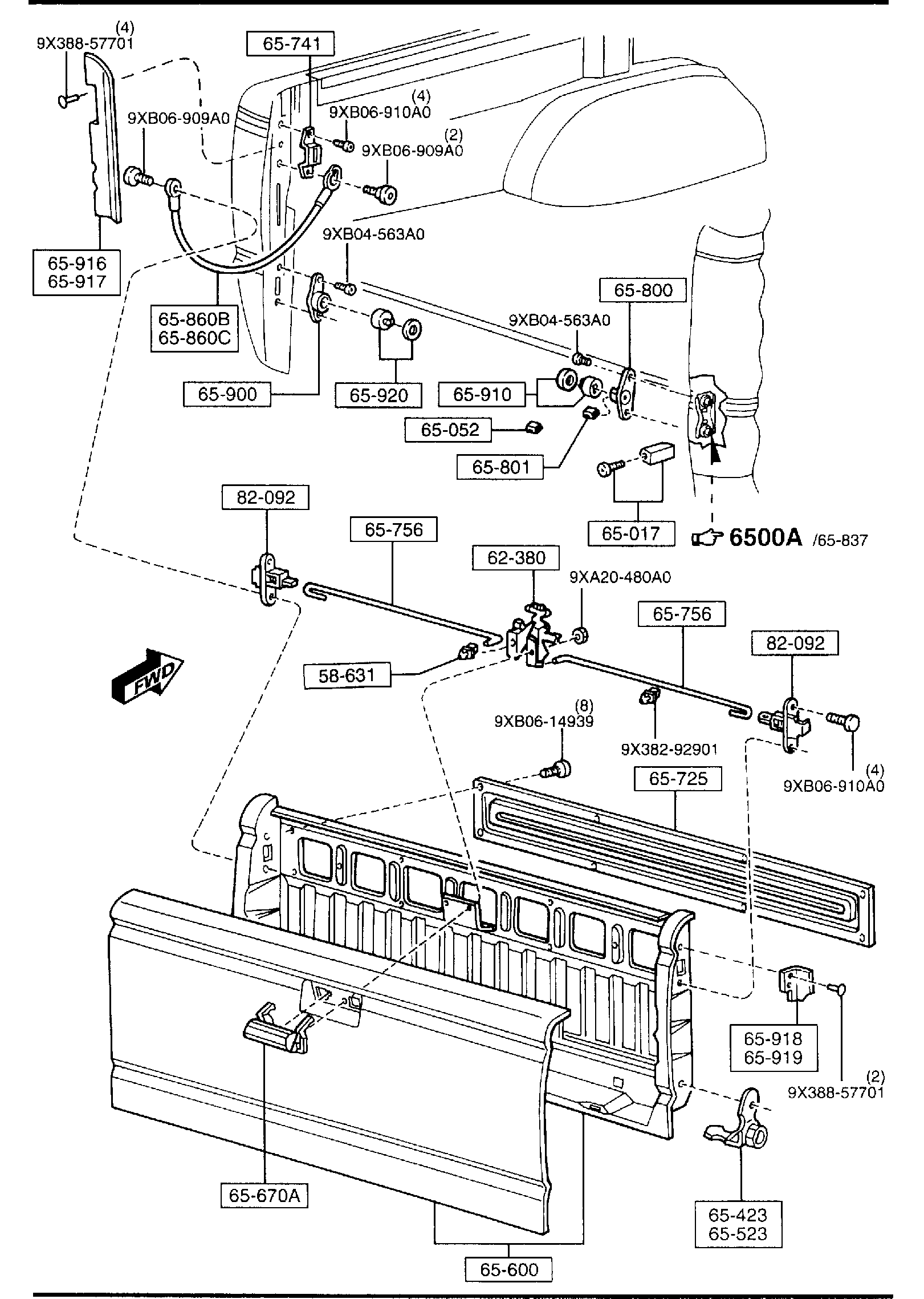 Diagram TAILGATE,HINGE & LATCH PARTS for your Mazda B2300  