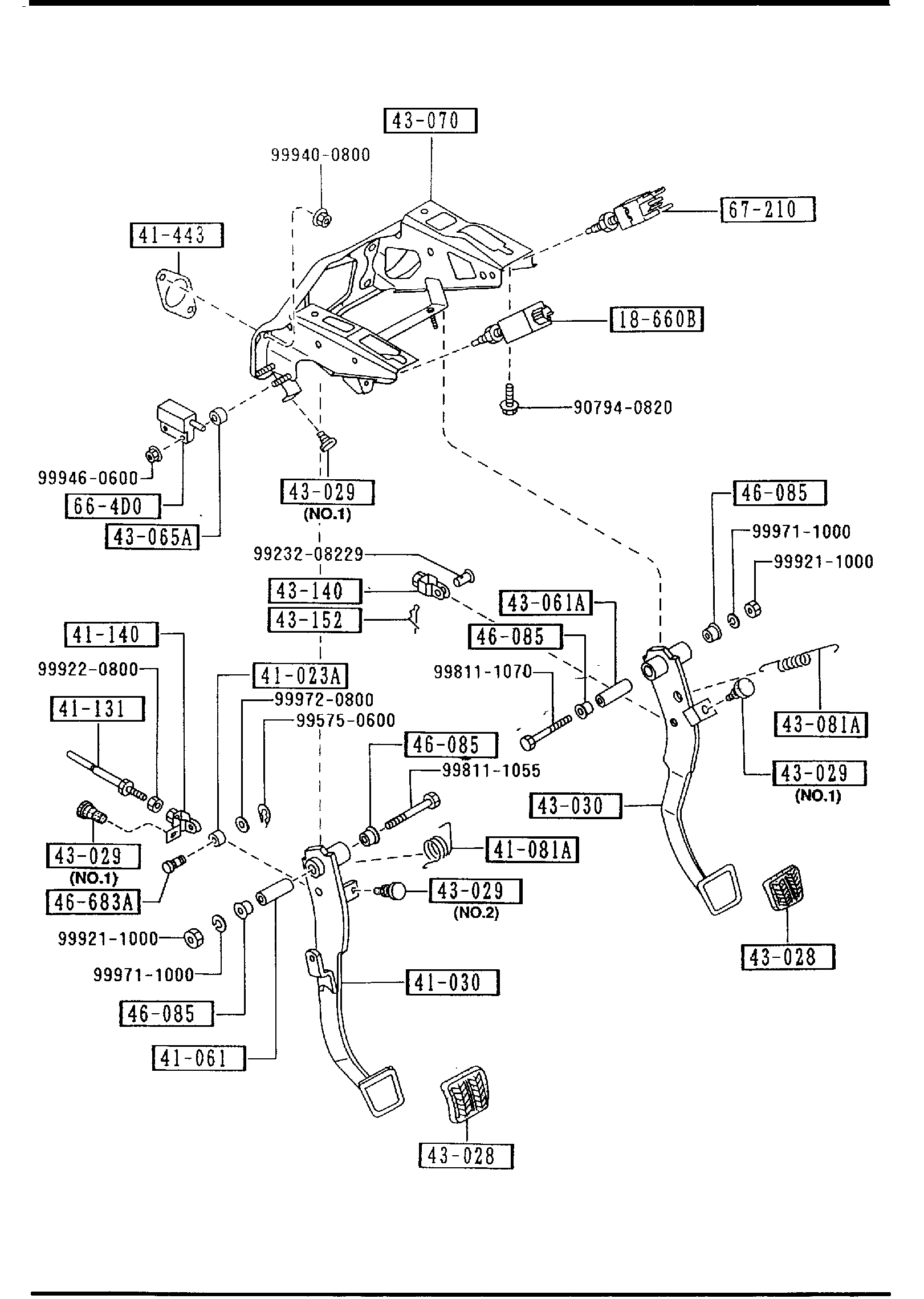 Diagram CLUTCH & BRAKE PEDALS (MANUAL TRANSMISSION) for your Mazda Protege  HATCHBACK BASE