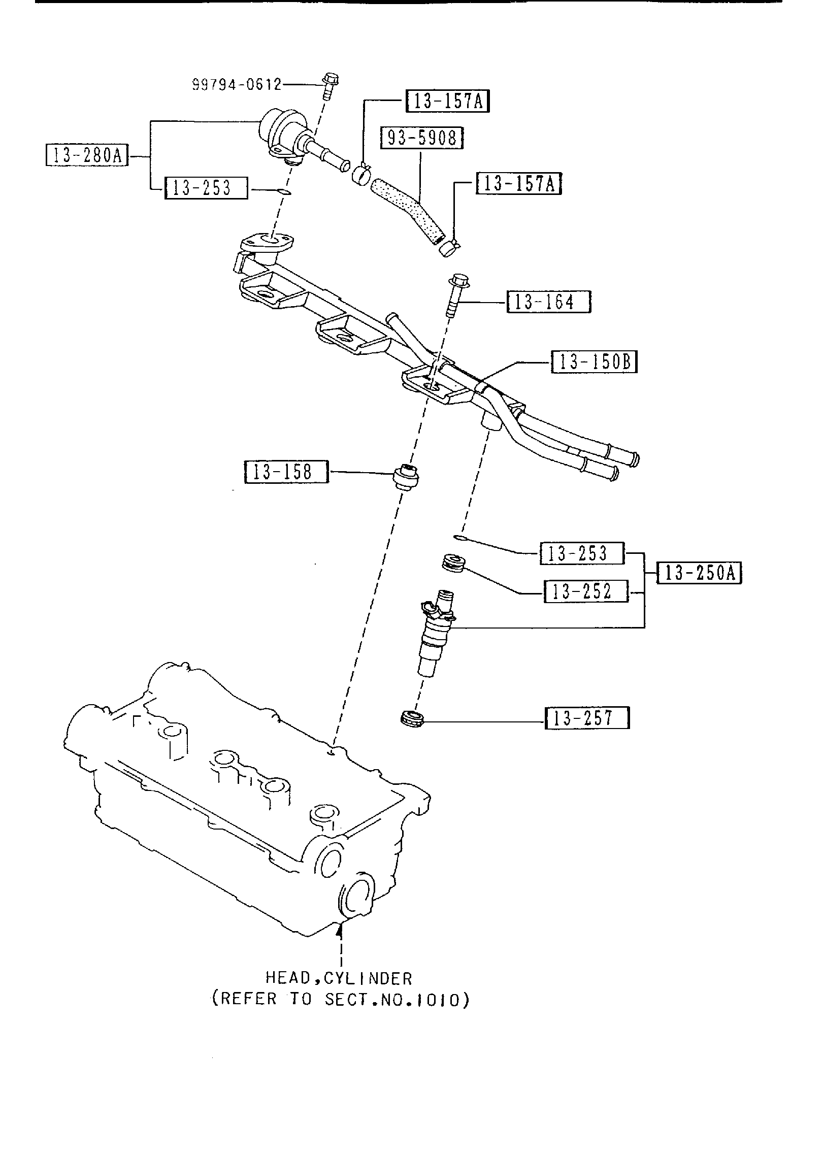 Diagram FUEL DISTRIBUTOR (DOHC) for your 1993 Mazda 323   