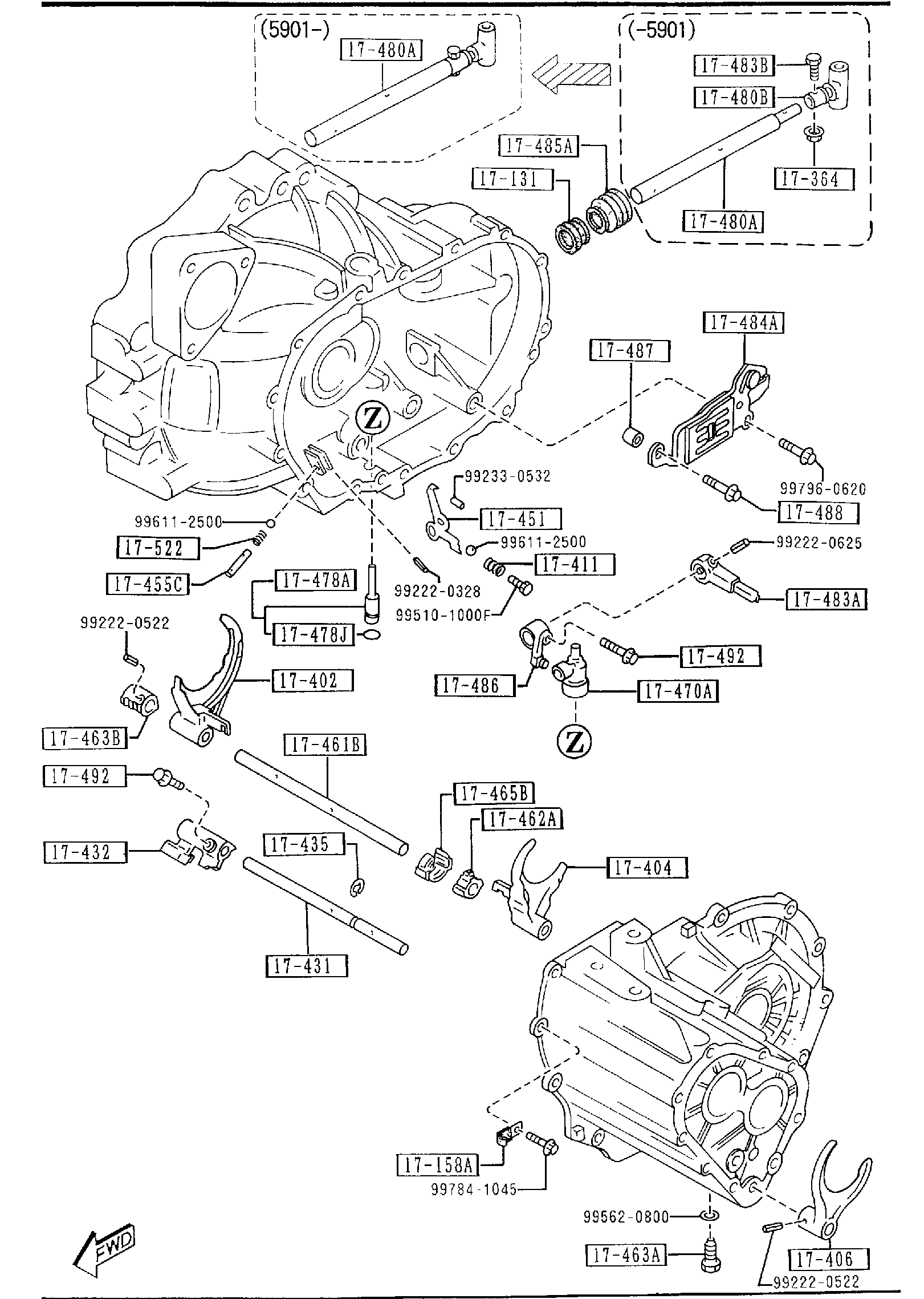 Diagram CHANGE CONTROL SYSTEM (MANUAL TRANSMISSION 5-SPEED) (1800CC) for your 1992 Mazda 323  HATCHBACK SE 