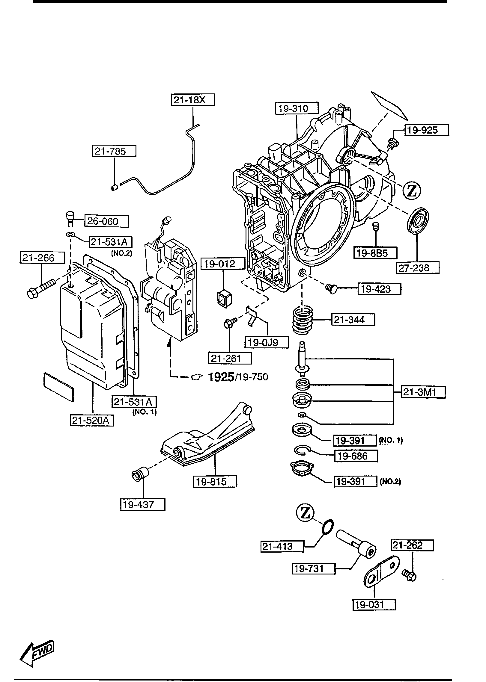 Diagram TRANSMISSION CASE & MAIN CONTROL SYSTEM (AUTOMATIC TRANSMISSION 4-SPEED) (2000CC) for your Mazda