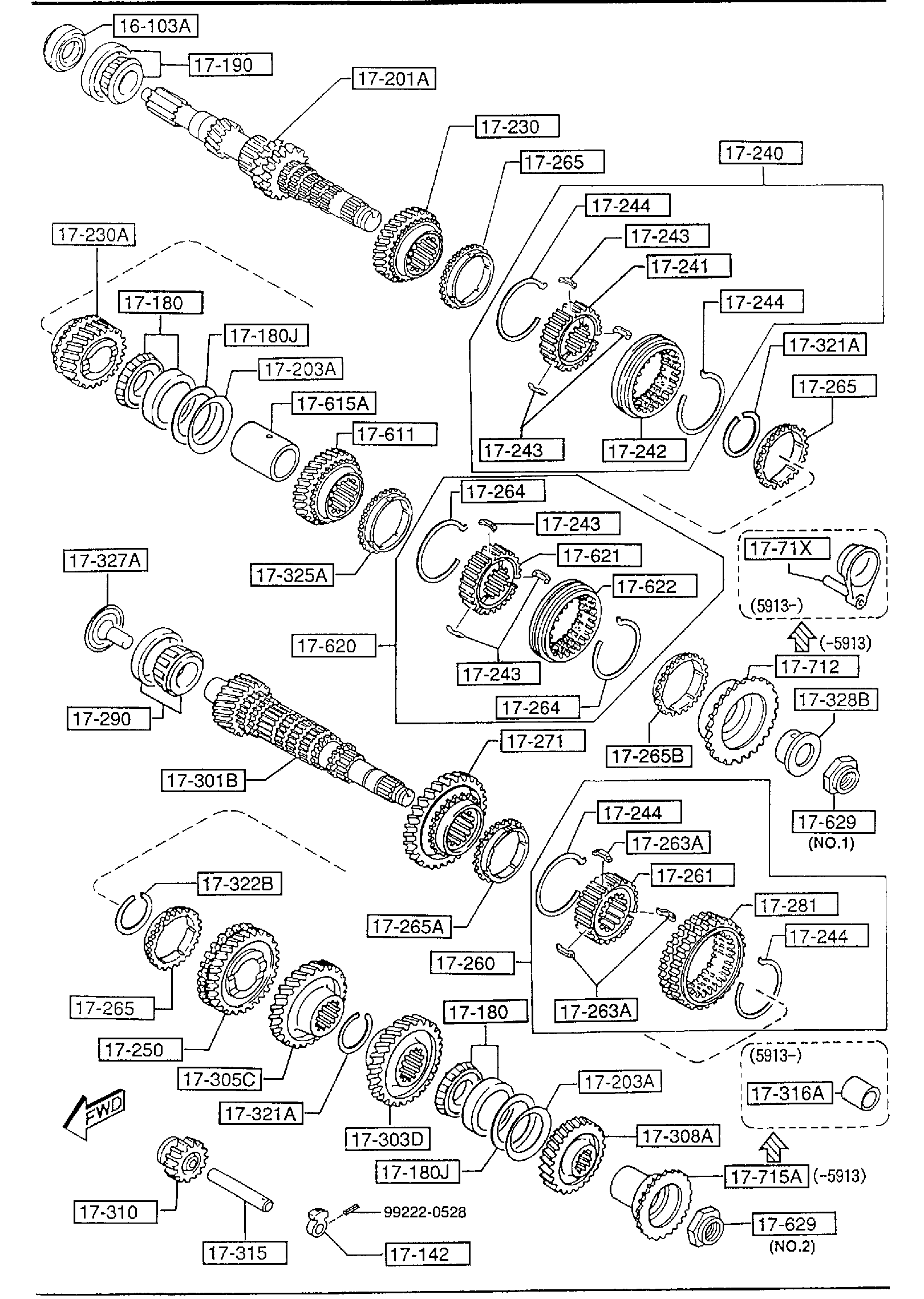 Diagram TRANSMISSION GEARS (MANUAL TRANSMISSION 5-SPEED) for your 1996 Mazda