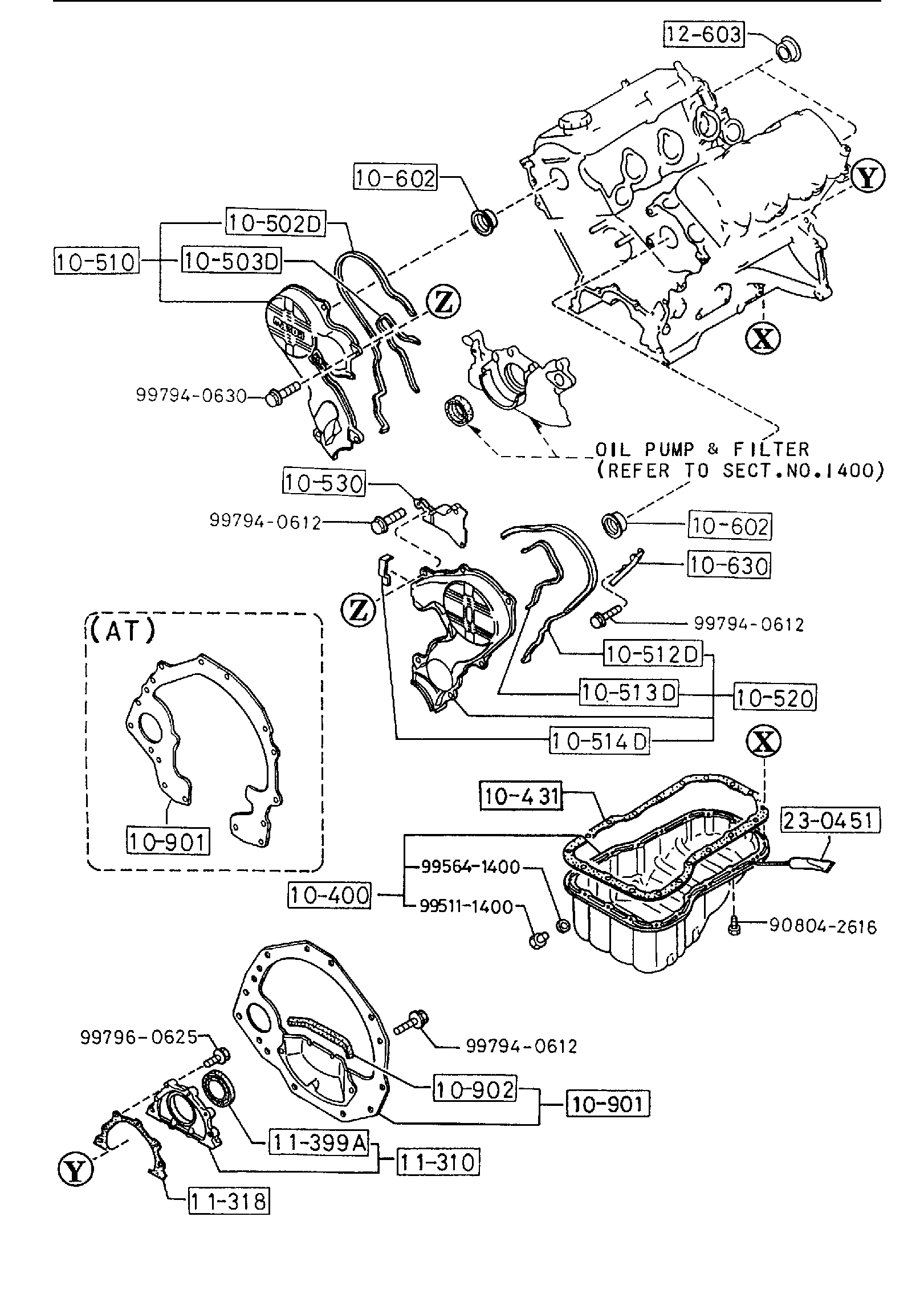 Diagram OIL PAN & TIMING COVER (3000CC) for your 1993 Mazda 323 1.8L AT SEDAN DX 