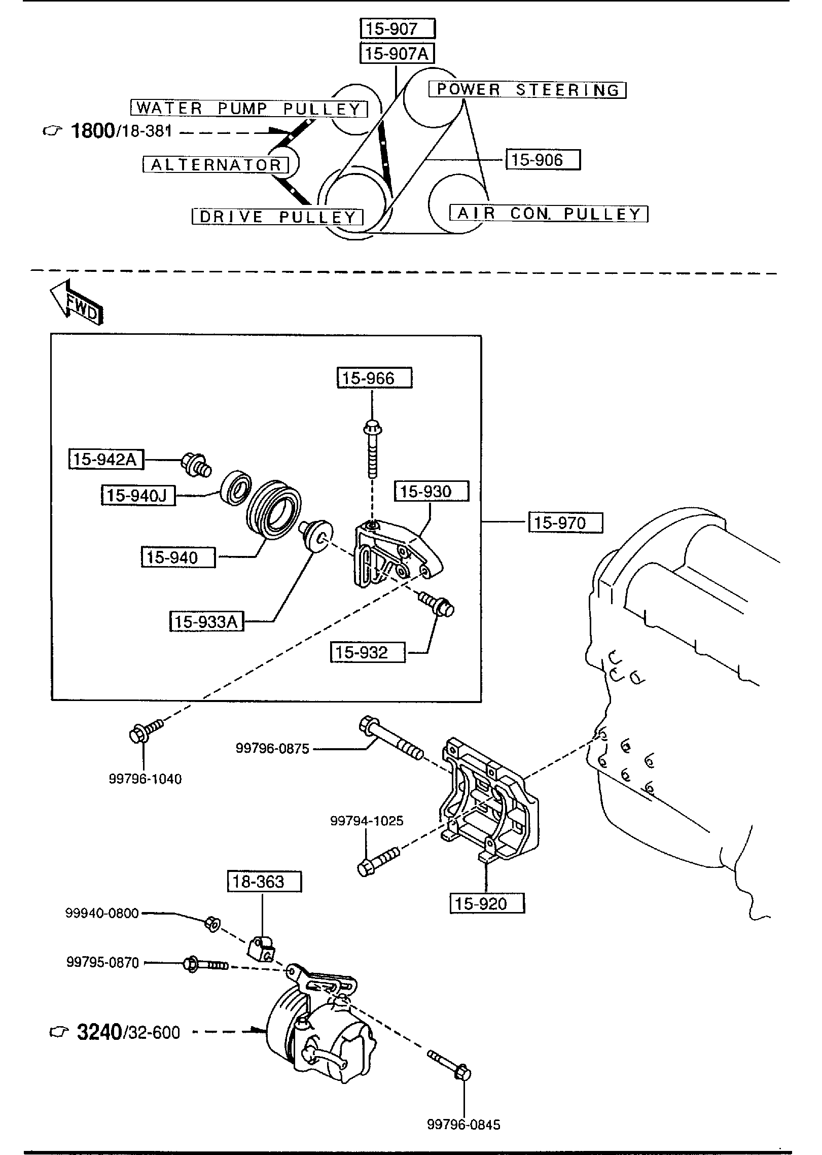 Diagram BRACKET, PULLEY & BELT for your 1993 Mazda 323   