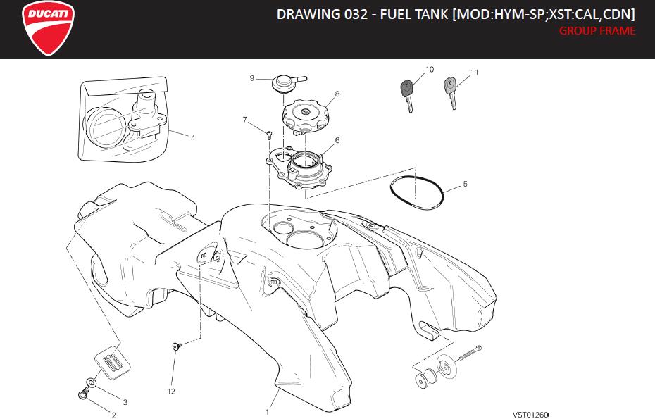 11DRAWING 032 - FUEL TANK [MOD:HYM-SP;XST:CAL,CDN]; GROUP FRAMEhttps://images.simplepart.com/images/parts/ducati/fullsize/HYM_SP_MY13_USA_EN_2013098.jpg