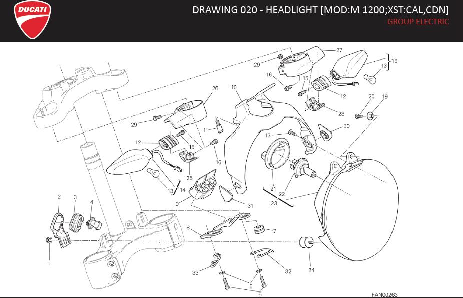 Diagram DRAWING 020 - HEADLIGHT [MOD:M 1200;XST:CAL,CDN]; GROUP ELECTRIC for your Ducati Monster  