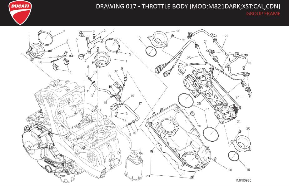 Diagram DRAWING 017 - THROTTLE BODY [MOD:M821DARK;XST:CAL,CDN]; GROUP FRAME for your 2020 Ducati Monster   