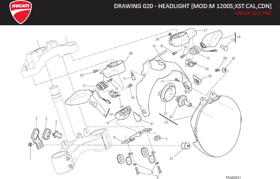 Diagram DRAWING 020 - HEADLIGHT [MOD:M 1200S;XST:CAL,CDN]; GROUP ELECTRIC for your Ducati Monster  