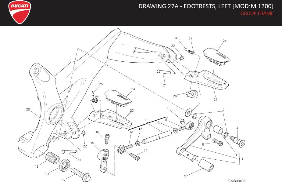 Diagram DRAWING 27A - FOOTRESTS, LEFT [MOD:M 1200]; GROUP FRAME for your Ducati Monster  