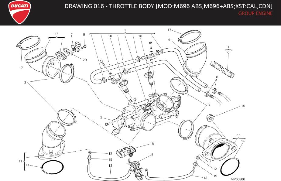 Diagram DRAWING 016 - THROTTLE BODY [MOD:M696 ABS,M696+ABS;XST:CAL,CDN]; GROUP ENGINE for your Ducati Monster  