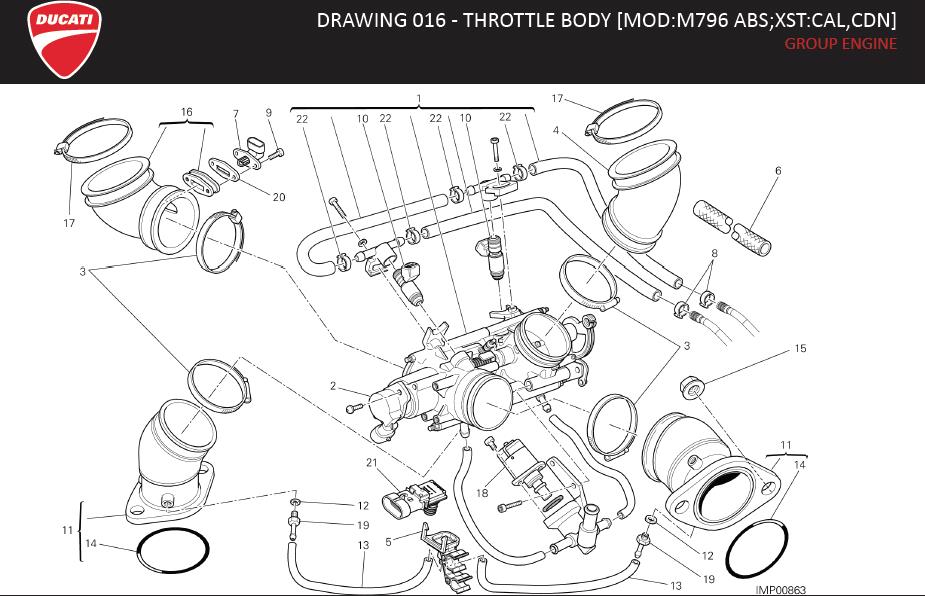 Diagram DRAWING 016 - THROTTLE BODY [MOD:M796 ABS;XST:CAL,CDN]; GROUP ENGINE for your Ducati Monster  