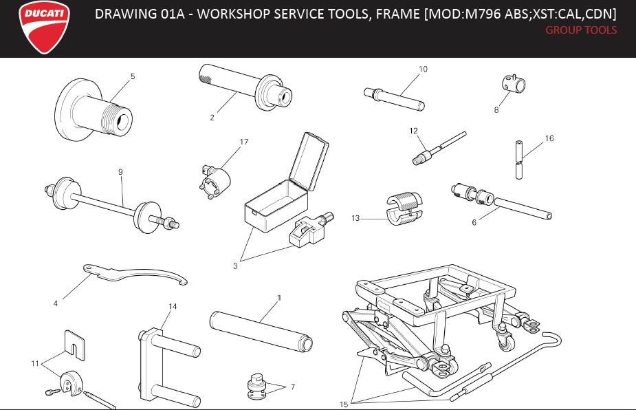 2DRAWING 01A - WORKSHOP SERVICE TOOLS, FRAME [MOD:M796 ABS;XST:CAL,CDN]; GROUP TOOLShttps://images.simplepart.com/images/parts/ducati/fullsize/MONSTER_796ABS_USA_EN_MY14064.jpg